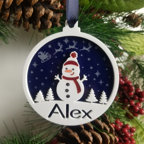 Personalised Xmas Gift, Name Christmas Tree Decoration, Personalised Name Tree Ornament. Stocking Filler Gift with Snowman Design