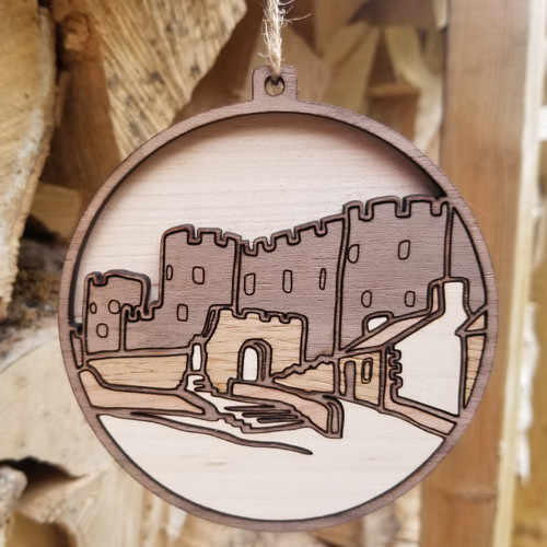 Pembroke Castle, Pembrokeshire. Gift or Souvenir from Holiday memories in West Wales. Wooden Christmas Tree Bauble.