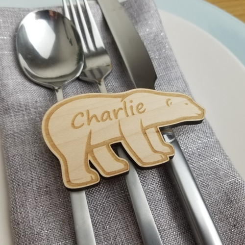 Polar Bear Christmas Dinner Place Name, Wooden Personalised Tag