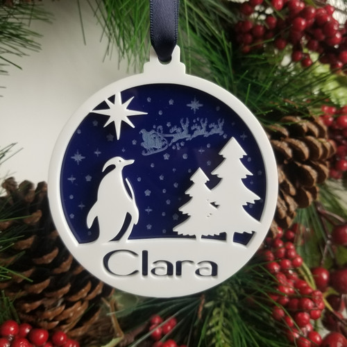 Personalised Penguin Xmas Gift, Name Christmas Tree Decoration, Personalised Name Tree Ornament. Stocking Filler Gift