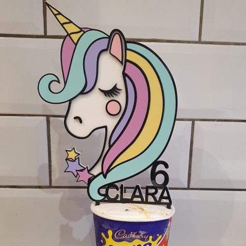 Personalised Unicorn Birthday Cake Topper for Girls, Pastel Rainbow colours with Name and Age