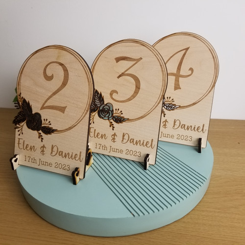 Wooden Wedding Table Number, Personalised with Bride and Grooms Name and Wedding Date