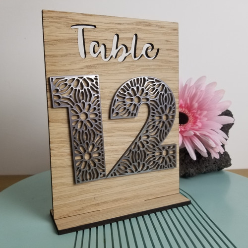 Wedding Table number with coloured decorative Number with flower cut out details.