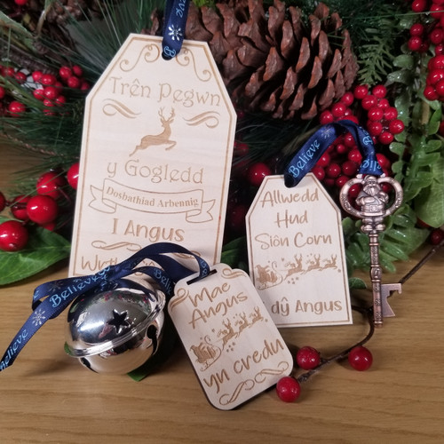 Welsh Language Magic Santa Bell with Personalised Wooden Believe Tag, North Pole Express, Santa Sleigh Bell