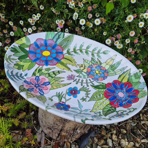 Large Flower Platter, Serving Dish, Hand Painted Bright Vibrant Flower Design