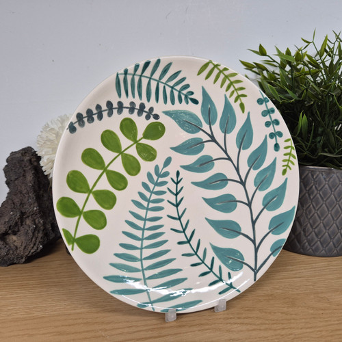 Salad Coupe Plate, hand painted Green / Teal Leaf and Vine Design, each plate is unique and one of it's kind, Food Safe or to be used as Wall Décor