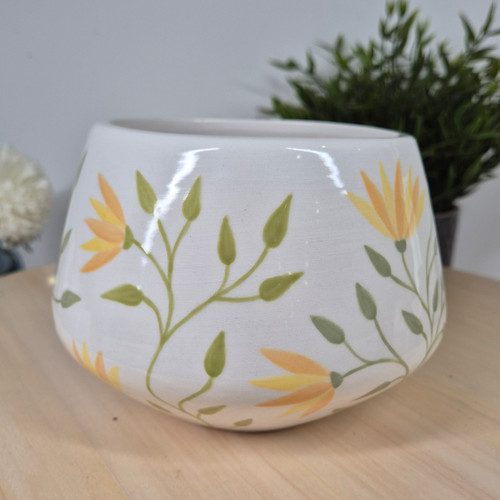 Hand Painted Yellow Flowers and Vine Design, Handmade Plant Pot