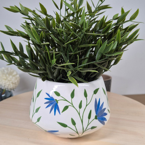 Hand Painted Blue Flowers and Vine Design, Handmade Plant Pot
