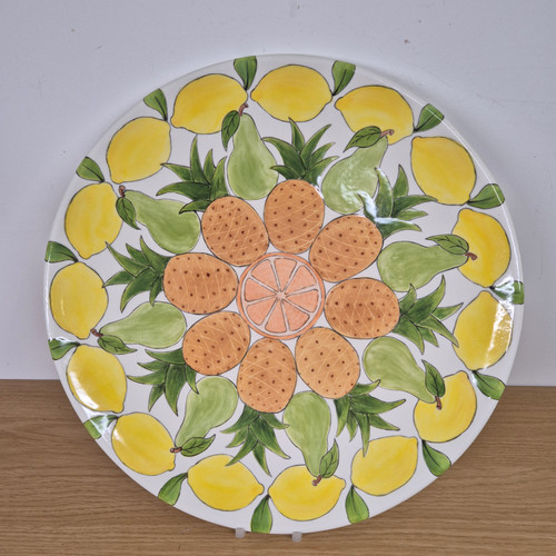 Large Plate Handpainted with Lemons, Pinapples, Pears and an Orange. Fruit Bowl or serving Platter Food safe