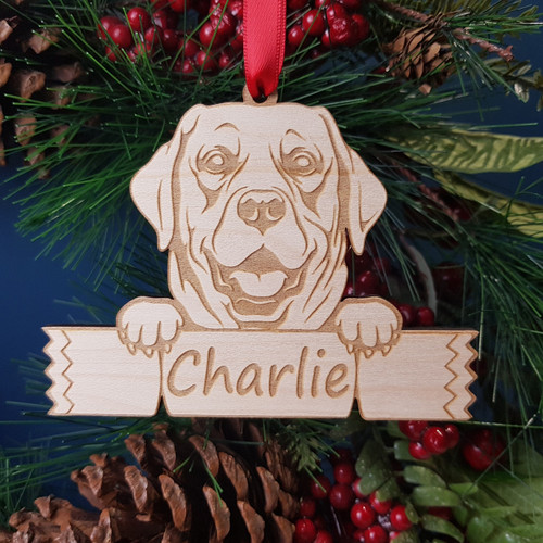 Dog Name Christmas Tree Hanger. Peeking Dog Cracker, Bone, Wreath or Banner. Puppy Xmas Bauble Dog Name Christmas Tree Hanger. Peeking Dog Cracker, Bone, Wreath or Banner. Puppy Xmas Bauble
