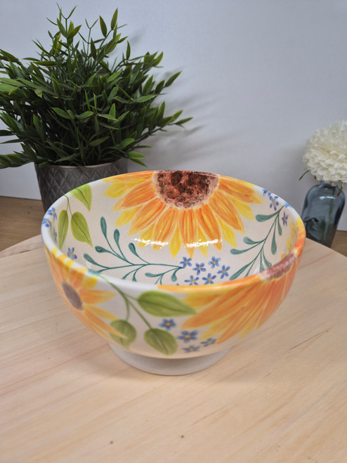 Bright Sunflower, Blue Flowers, Leaf and Branch Inspired Flower Cereal or dessert Footed Bowl. Small Decorative Flower Jug, Hand painted, Glazed and Fired. Hold fresh, Dried or Artificial Flowers and Leaves