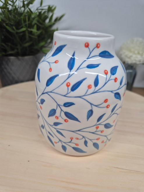 Hand Painted Blue Vine with orange berries, Vase for Fresh, dried or Fake Flowers. Gift for new home, mothers day, christmas