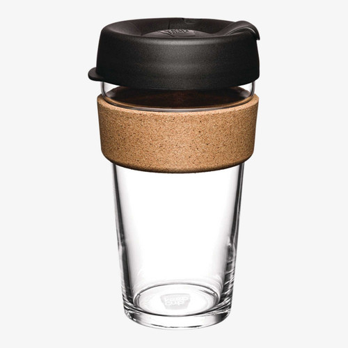 Brew Cork - Tempered Glass Reusable Coffee Cup with Cork Band - Cup 16oz Black
