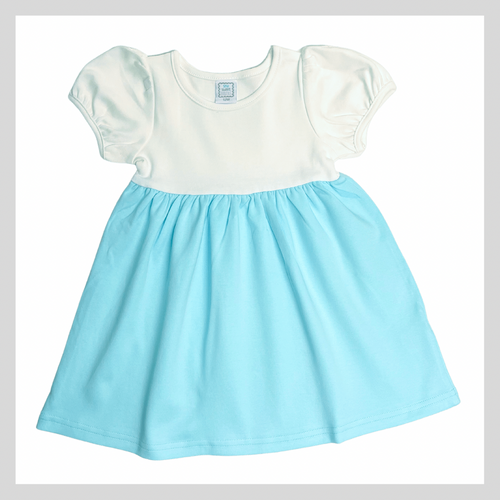 SHORT SLEEVE BISHOP DRESS AQUA AND WHITE