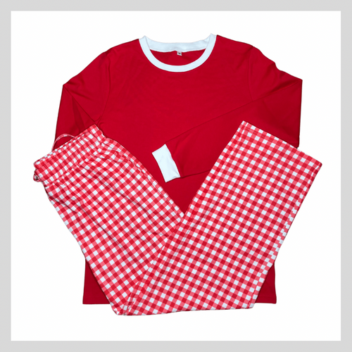 UNISEX ADULT RED AND WHITE WATERCOLOR GINGHAM LONG SLEEVED PAJAMAS SET