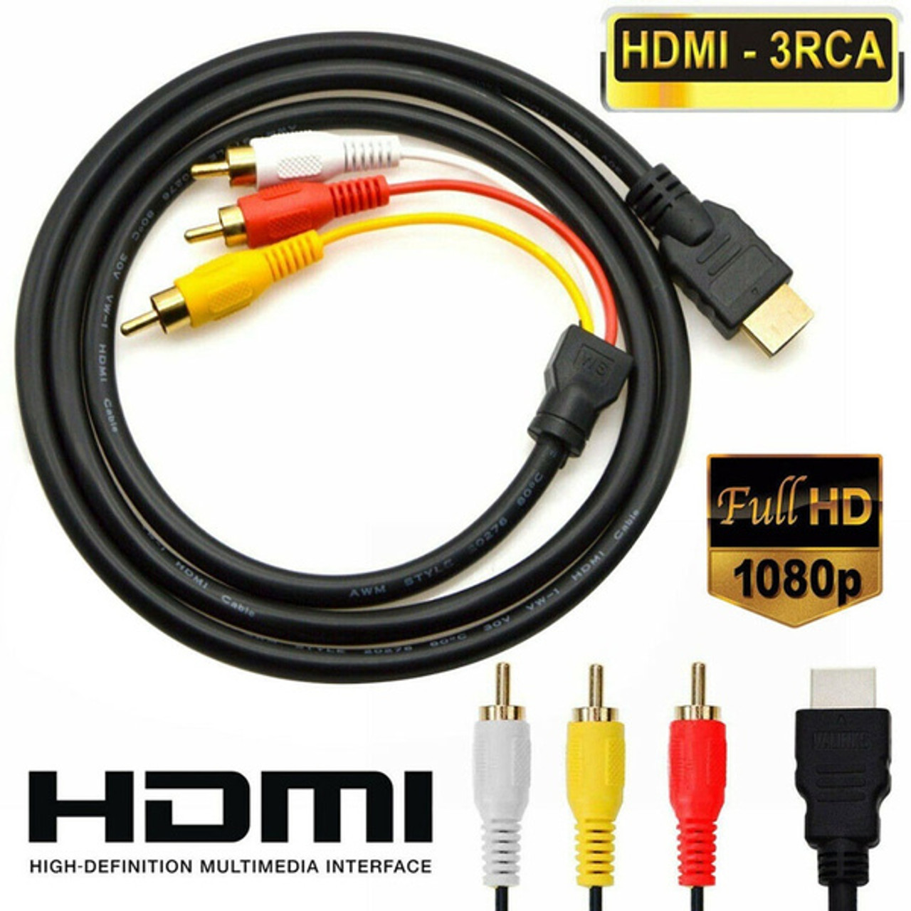 UHUSE Hdmi-compatible Male to 3 RCA AV Audio Video 5FT Cable Cord Adapter  for TV HDTV DVD 1080p 