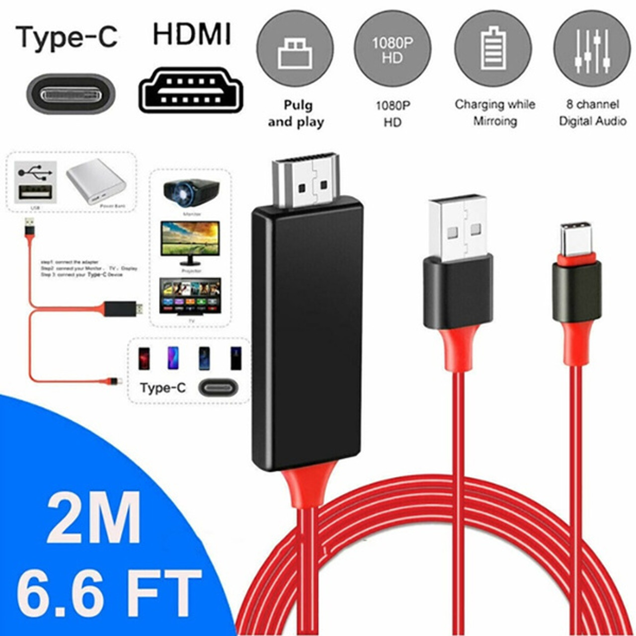 MHL USB-C Type C to HDMI USB A HD TV Cable Adapter For Android