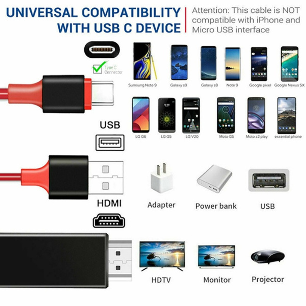 MHL Micro USB to HDMI / Micro USB to Type-C Adapter Converter Cable for  Android