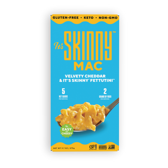 It's Skinny Mac and Cheese packaging - the front of the box is blue with white and yellow text, and a spoon of cheesy pasta.