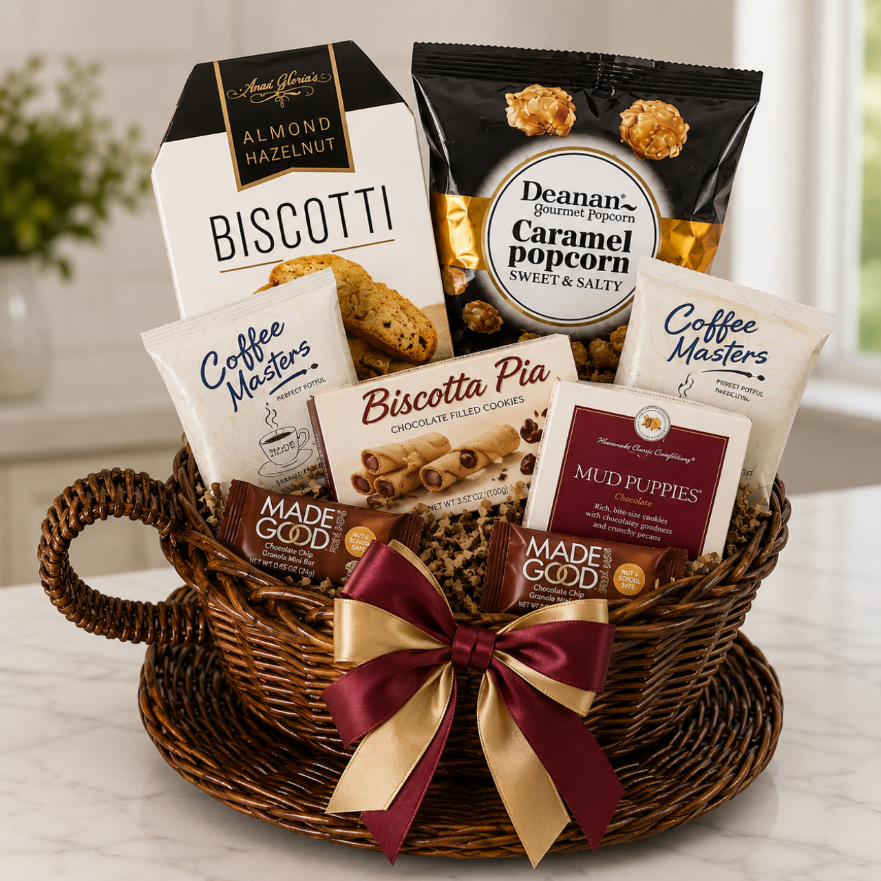 Coffee cup gift basket with gourmet treats for nationwide shipping by Joyce's Baskets