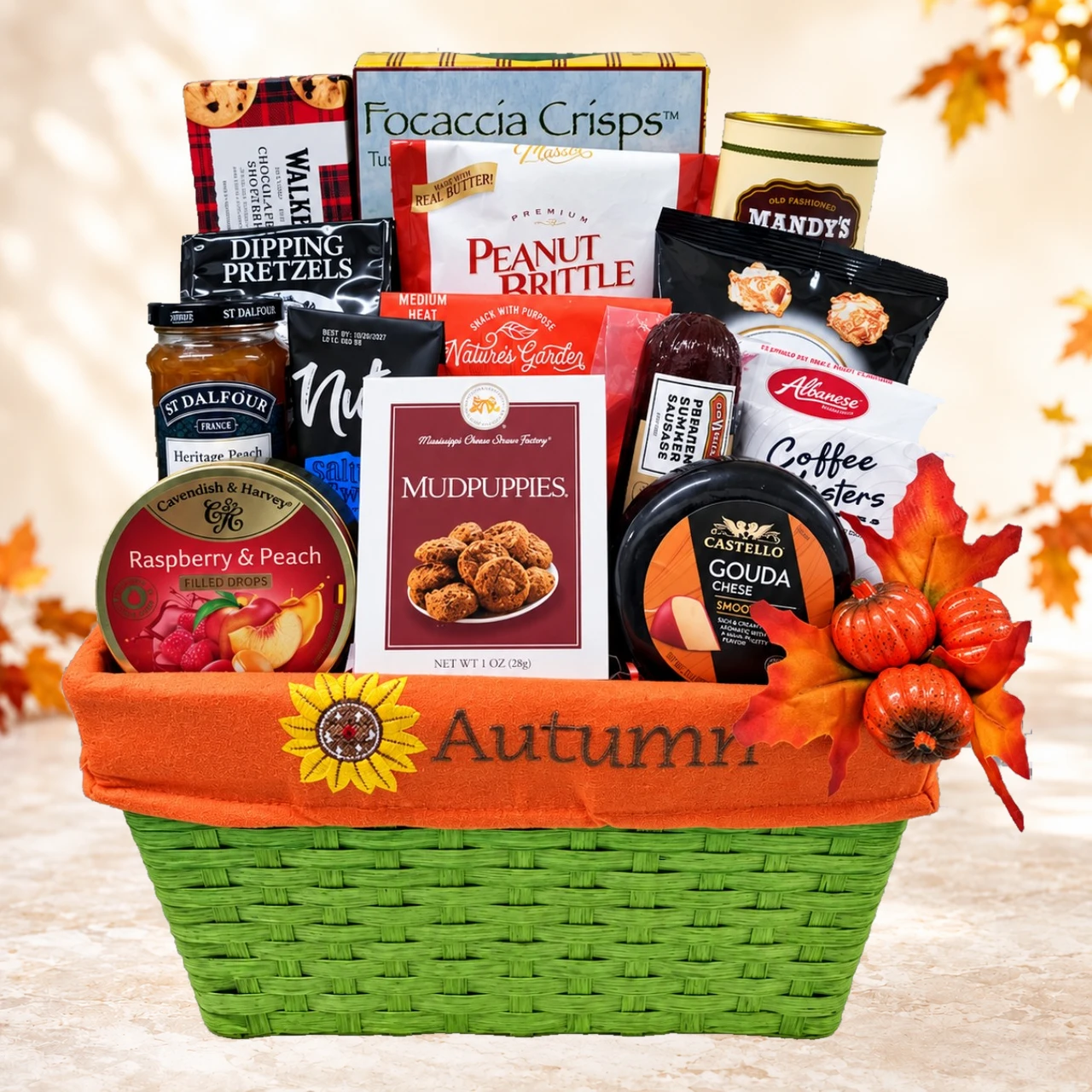 Blessings of Autumn Thanksgiving gift basket filled with sweet and savory treats.