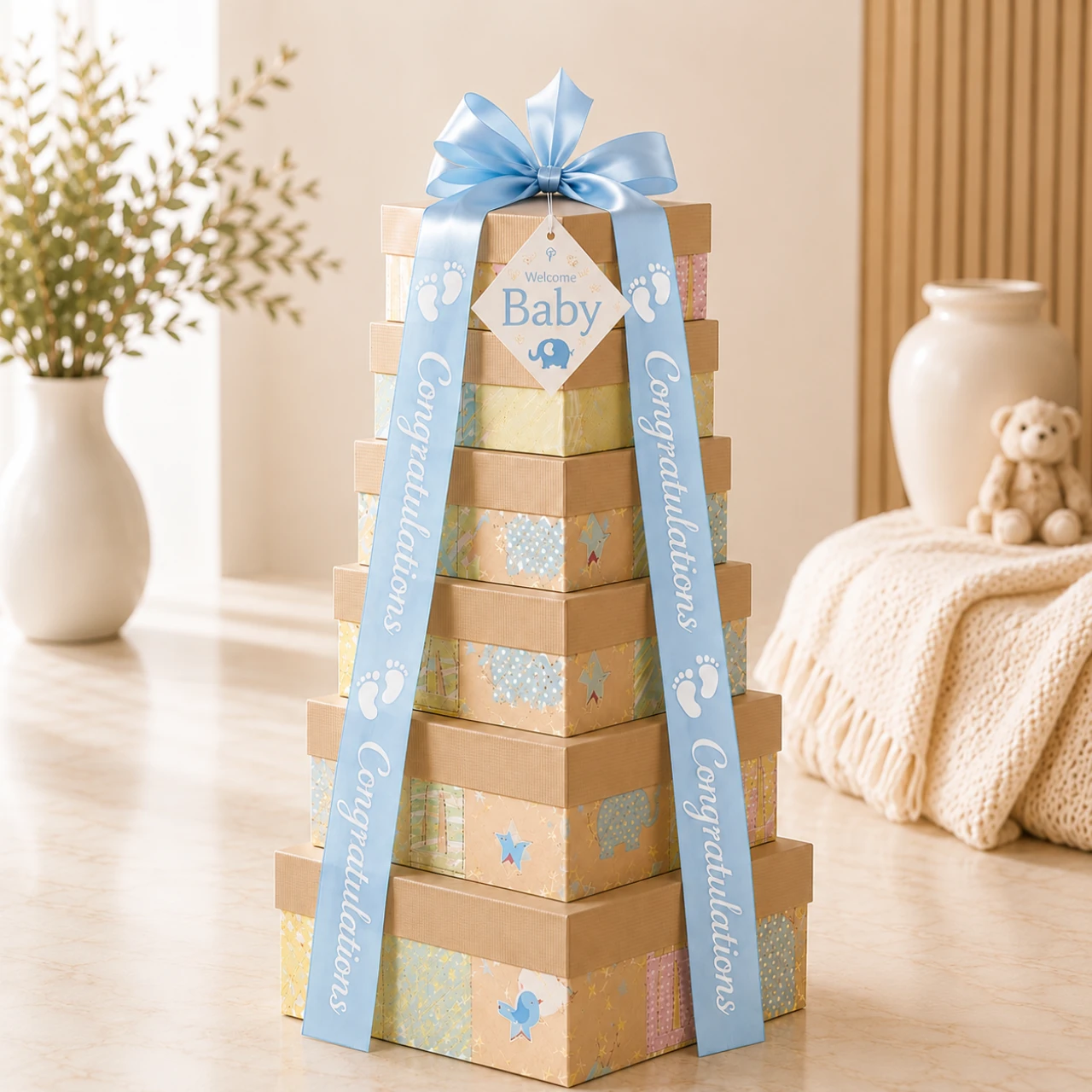 Stacked five-tier baby gift tower tied with personalized printed ribbon and Welcome Baby tag for a baby shower gift.