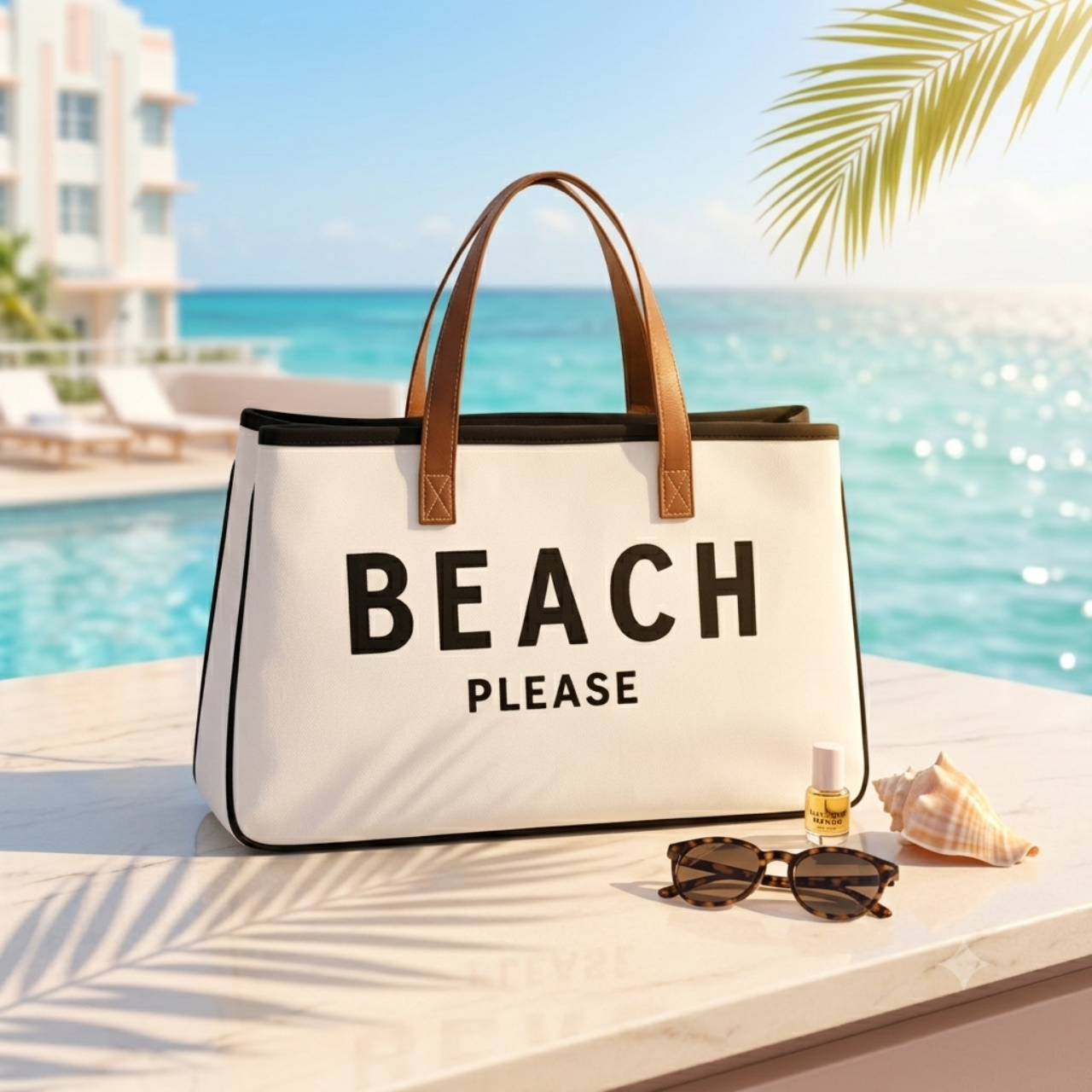 Cream canvas tote bag featuring bold black "BEACH PLEASE" text, brown leather handles, and black edge piping trim.