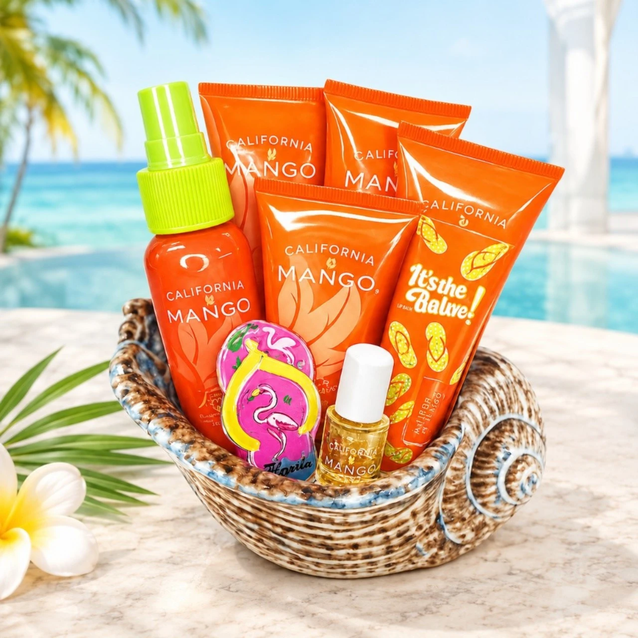 Ceramic seashell gift dish with California Mango lotion tubes, lip balm, spray bottle, and flamingo flip-flops.
