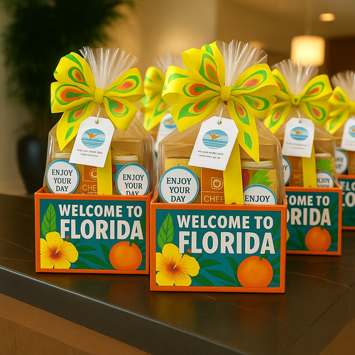 Florida-themed welcome gift boxes with yellow bows displayed in a bright hotel setting


