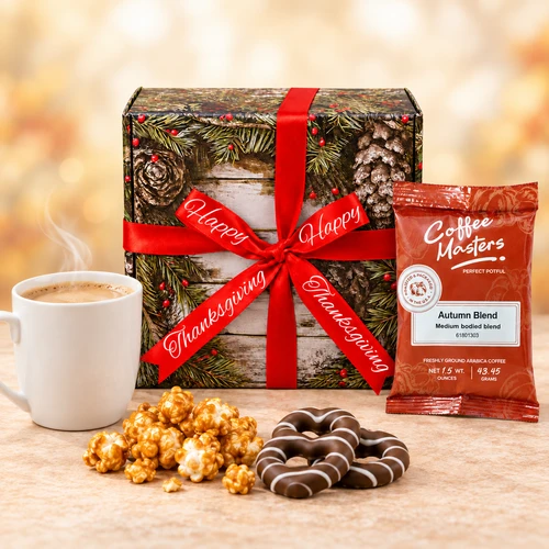 Rustic Berry - Thanksgiving Gift Box with Autumn Blend coffee, popcorn, and chocolate-covered pretzels