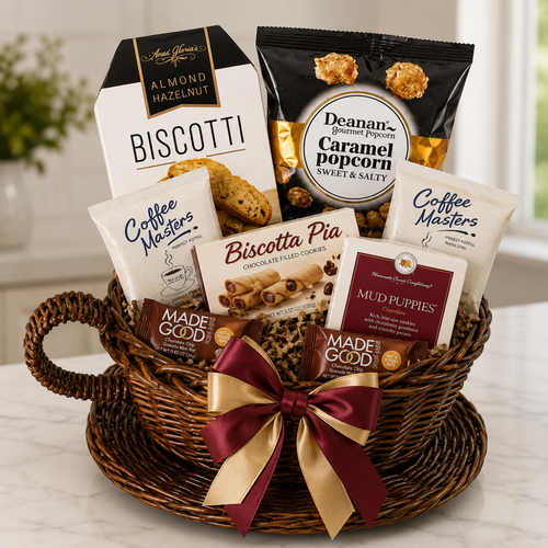 Coffee cup gift basket with gourmet treats for nationwide shipping by Joyce's Baskets