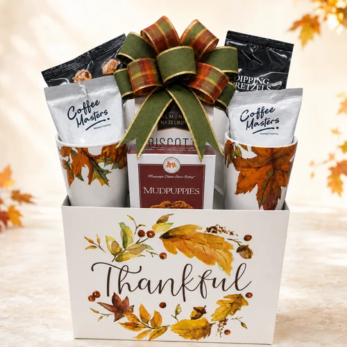 Thankful Coffee Moments Thanksgiving coffee gift basket with two fall mugs, coffee and gourmet treats