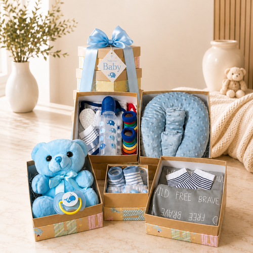 Unboxed five-tier baby boy gift tower with plush bear, clothes, and blankets for a baby shower gift.