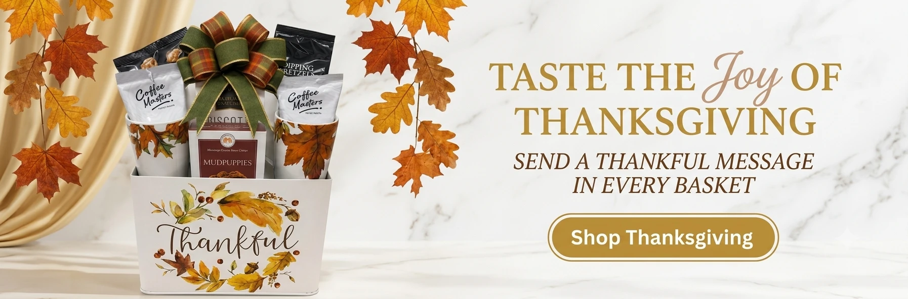 Thanksgiving gourmet gift basket in a white autumn Thankful container