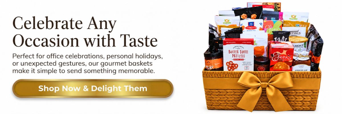 Gourmet gift basket filled with premium snacks and tied with a gold bow