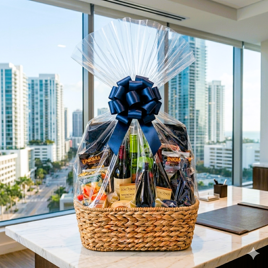 A custom corporate gift basket for executive appreciation, showcased against a luxury Miami high-rise skyline view.