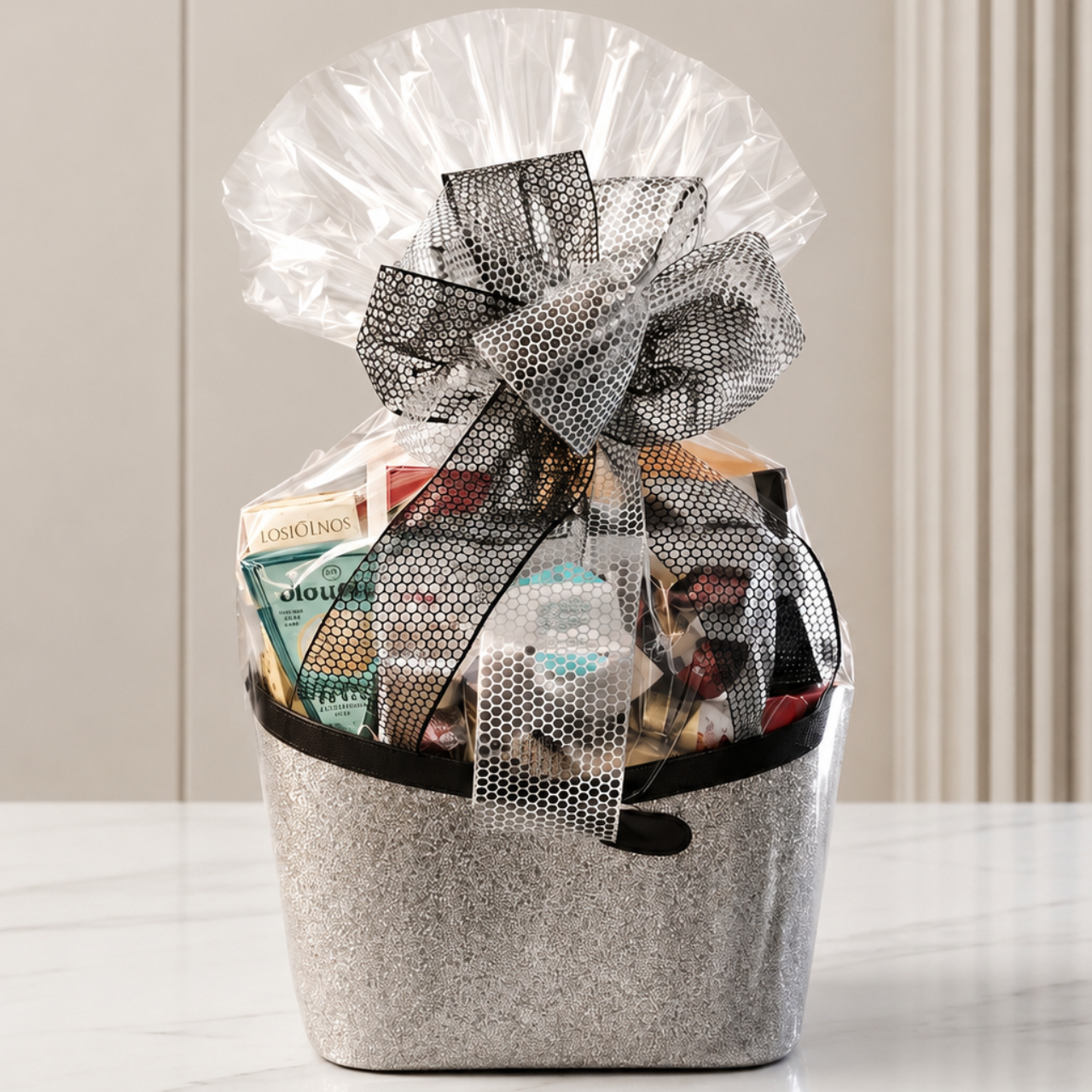 Luxury corporate gift basket for executive client appreciation by Joyce’s Baskets on white marble countertop, Miami FL.