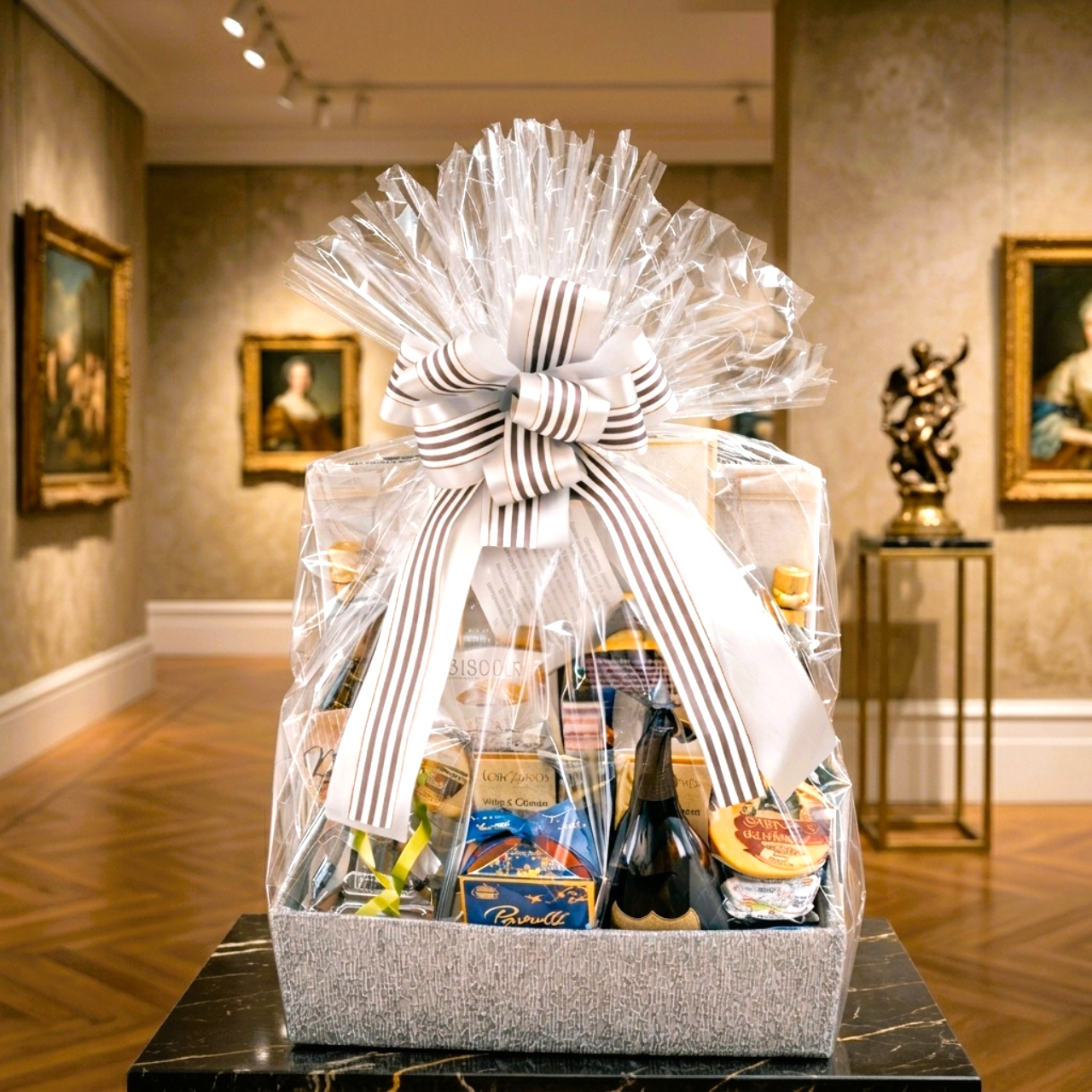 An executive luxury gift basket featuring custom corporate curation, designed by Joyce's Baskets Miami.