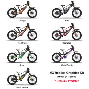Genuine Revvi MX Replica Graphics Kit for Revvi 24" – all 7 colours: Orange, Blue, Red/Gold, Red/Blue, Green, White/Purple, Black/Yellow