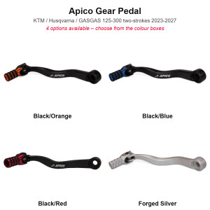 Apico GPF652 gear pedal: Elite black/orange, black/blue, black/red and forged silver (composite of the four product photos)