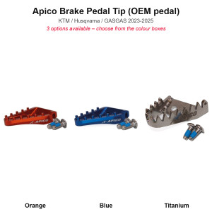 Apico brake pedal tip in orange, blue and titanium (composite of the three product photos)