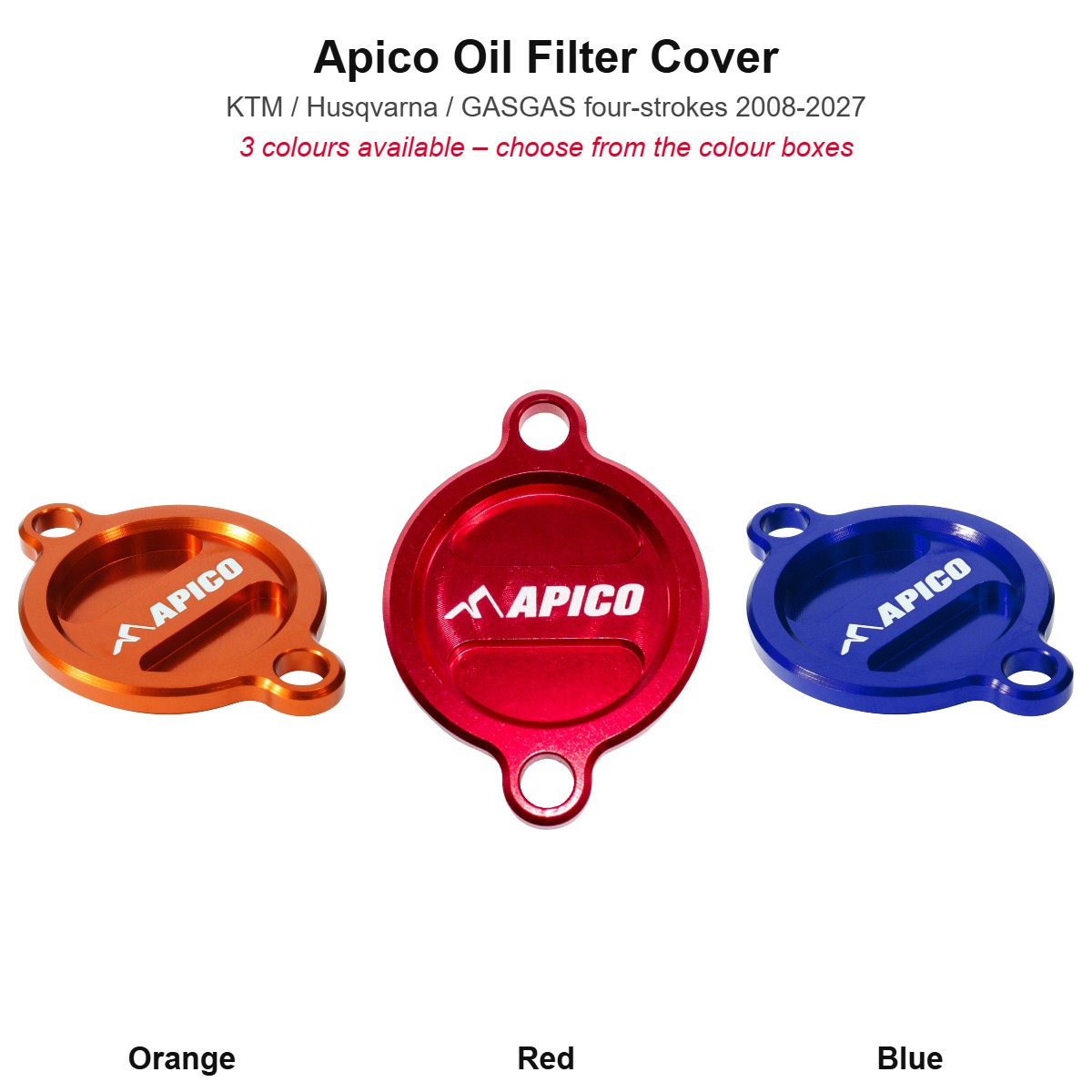 Apico oil filter cover in orange, red and blue (composite of the three colour photos)