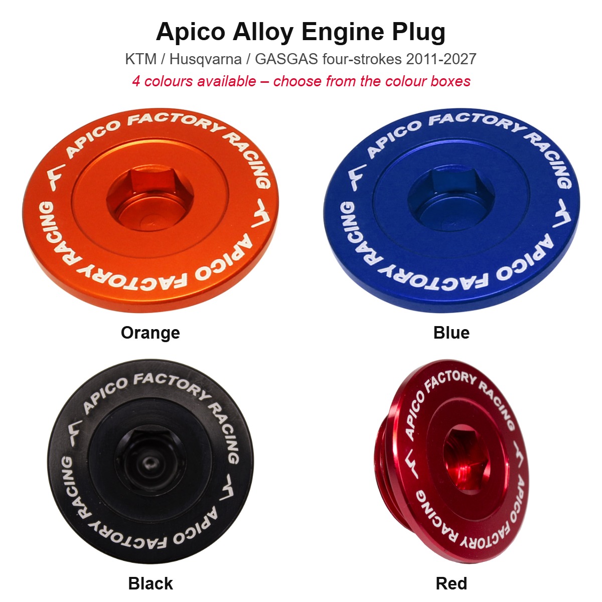 Apico alloy engine plug in orange, blue, black and red (composite of the four colour photos)