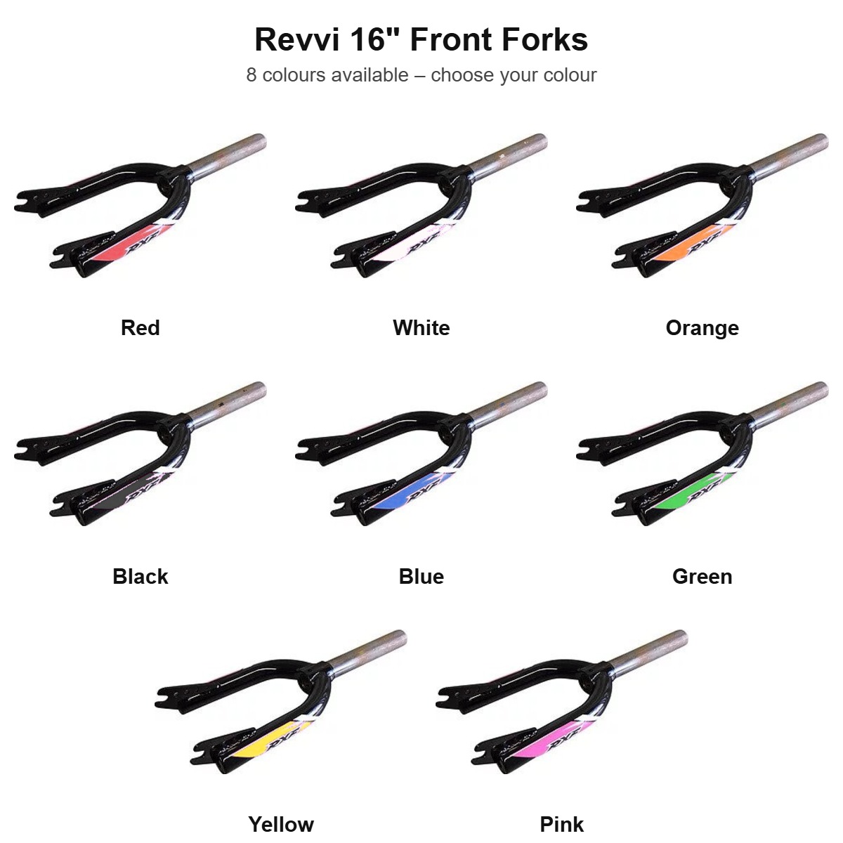 Revvi 16" front forks – red, white, orange, black, blue, green, yellow and pink