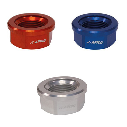 Apico rear axle nut in orange, blue and silver (composite of the three colour photos)