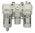 C3000-W family illustration; photographed C3000-8N-W-T8 assembly (F3000-8N-W, R3000-8N-W-T8, L3000-8N-W). Ordered port/thread, drain, gauge, bowl, flow direction and accessory options may differ; not an exact-option photograph.