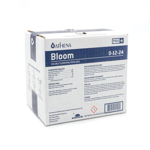 Flowering plants require higher amounts of phosphorous (P) and potassium (K) to increase flower bulk and support high-metabolic activities. Athena Pro Bloom contributes balanced levels macro and micro-elements including sulfur (S) used for increasing potency and flavors.
Balanced NPK and essential microelements (when used with Pro Core)
Fully soluble dry fertilizer, no particulates or sediment
Works with any dosing system: Dosatron, Netaflex, Rhythm
Mixes completely at room temperature
Low heavy metal content

Ideal for mixing stock tanks and compatible with all dosing systems. This large-grind mix is 100% soluble and will not clog irrigation systems or leave sediment in reservoirs.

We discourage mixing Pro Line in small amounts directly into the reservoir.  We would rather turn the Pro line into a concentrated liquid first  and then use that liquid to mix your batch tanks.