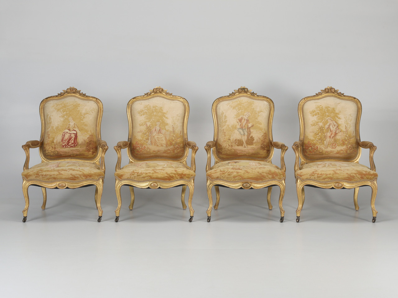 Antique French Louis XV Armchairs Original Fabric Gilt Frames