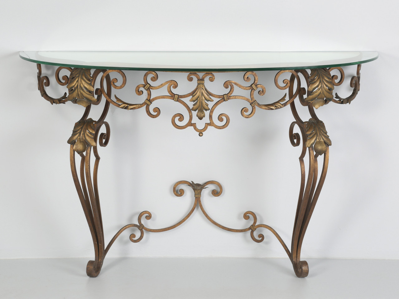 Vintage French Gilded Wrought Iron Console with Glass Top