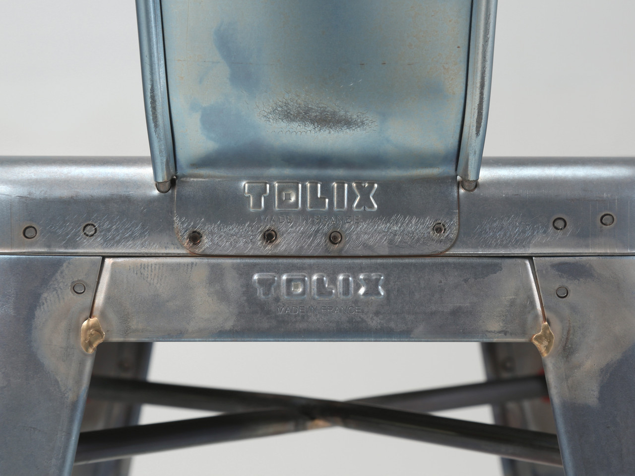 Original Tolix Tabouret Blue Grey Raw Steel High Back